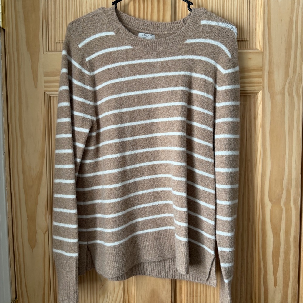 J. Crew Tan and White Striped Crewneck Sweater